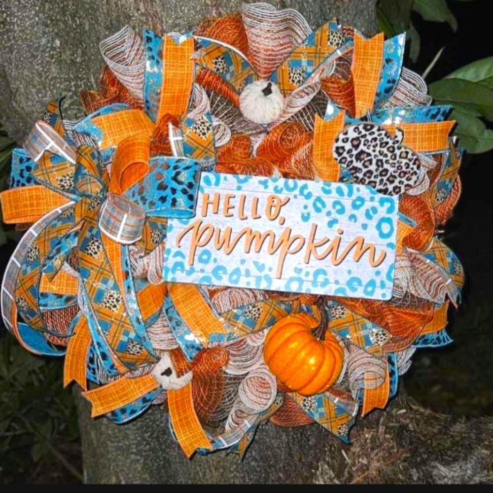 Fall Leopard/cheetah Print Orange And Teal Wreath